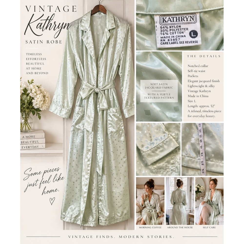 Kathryn Womens L Mint Green Satin Robe Long Jacquard Belted Pockets Vintage Y2K